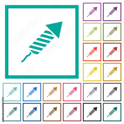 Firework rocket flat color icons with quadrant frames