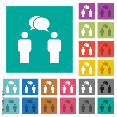 Two talking persons with oval bubbles solid square flat multi colored icons
