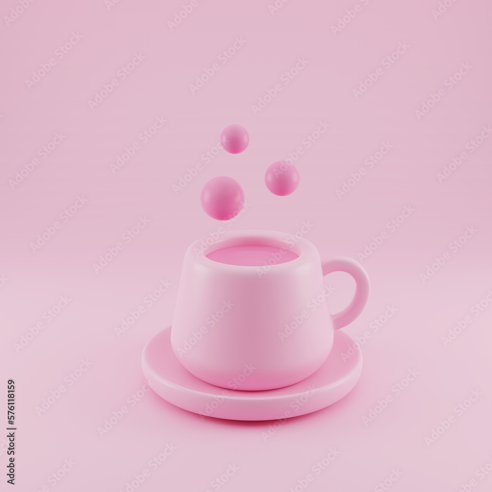 3D illustration of romantic pink coffee mug, pink background-