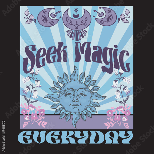 Vintage, mystic, sun, crescent moon eclipse illustration print, retro flowers, groovy, style, slogan, text. lettering, typography, Vector illustration, design, fashion, tshirt graphics, women's wear