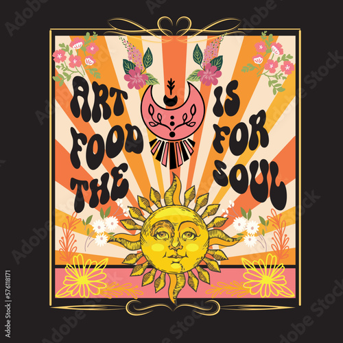 Vintage, mystic, sun, crescent moon eclipse illustration print, retro flowers, groovy, style, slogan, text. lettering, typography, Vector illustration, design, fashion, tshirt graphics, women's wear