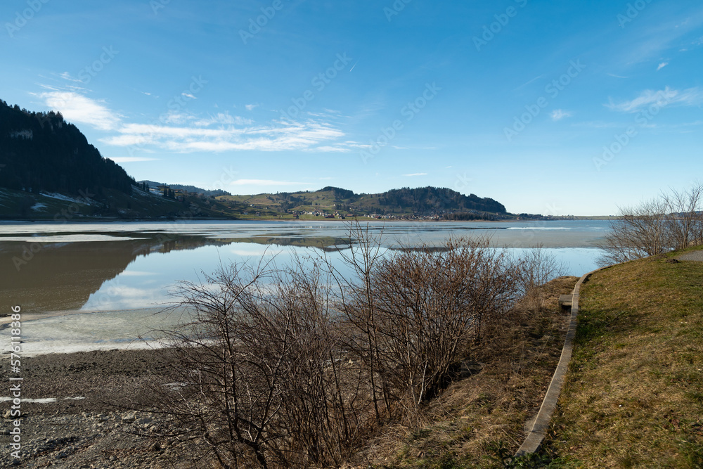 View along the lake Sihlsee near Einsiedeln in Switzerland