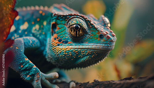 close-up of a colorful chameleon lizard. 