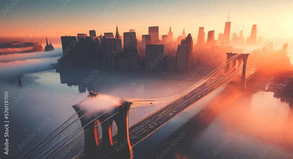 Brooklyn bridge on sunrise in fog, aerial view. Brooklyn Bridge in New
