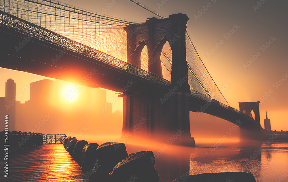 Brooklyn bridge on sunrise in fog. Brooklyn Bridge in New York City