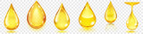 Set of realistic translucent water drops in yellow colors in various shapes with glares and shadows, isolated on transparent background. Transparency only in vector format