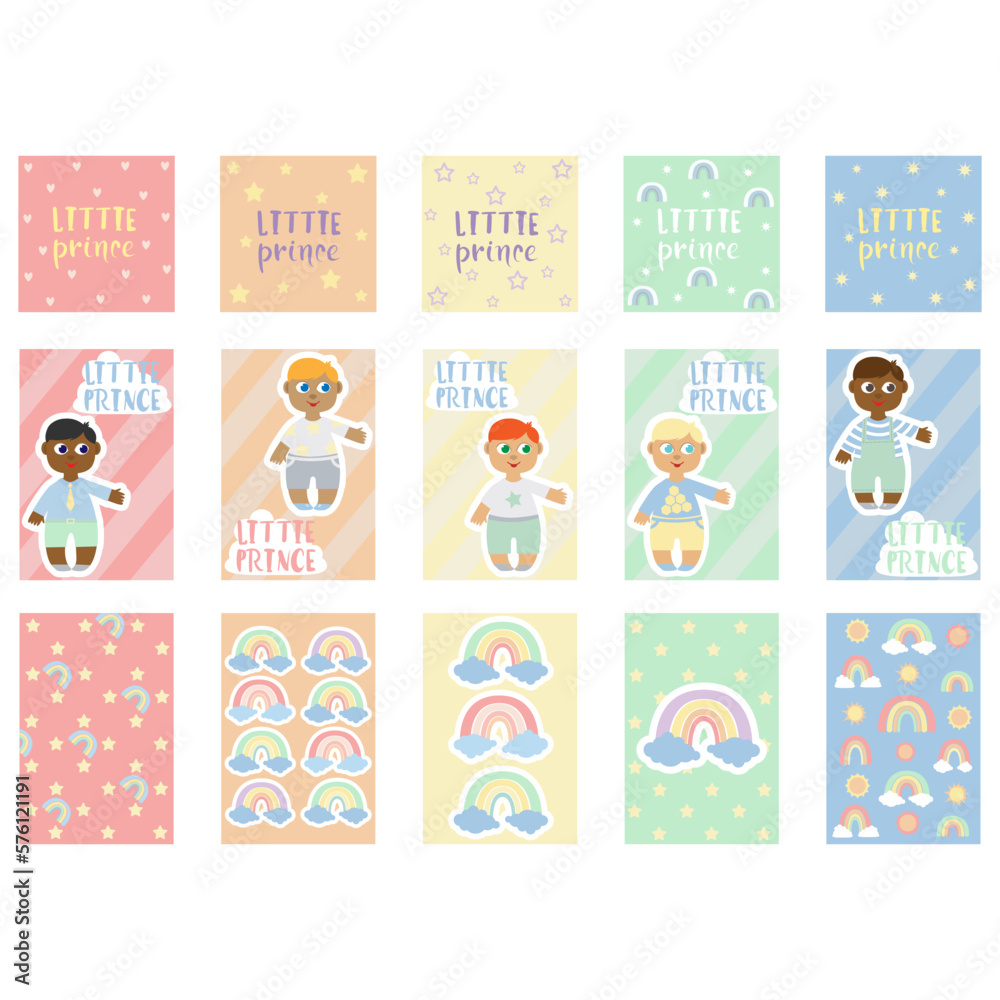 Baby pastel cards set with with rainbow, hearts, stars and clouds. Little prince cards. Cute design,poster,postcards,template,vector illustrations.