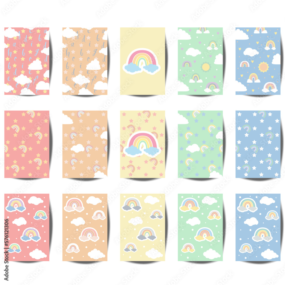 Fototapeta premium Baby pastel cards set with with rainbow, hearts, stars and clouds. Cute design,poster,postcards,template,vector illustrations.