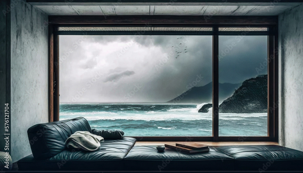 a sofa in an elegant apartment with view on a stormy sea - generative ai