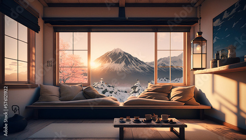 A sofa in a chalet with view on the mountain - generative ai