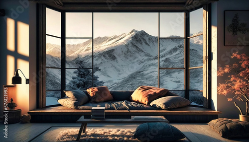 A sofa in a chalet with view on the mountain - generative ai