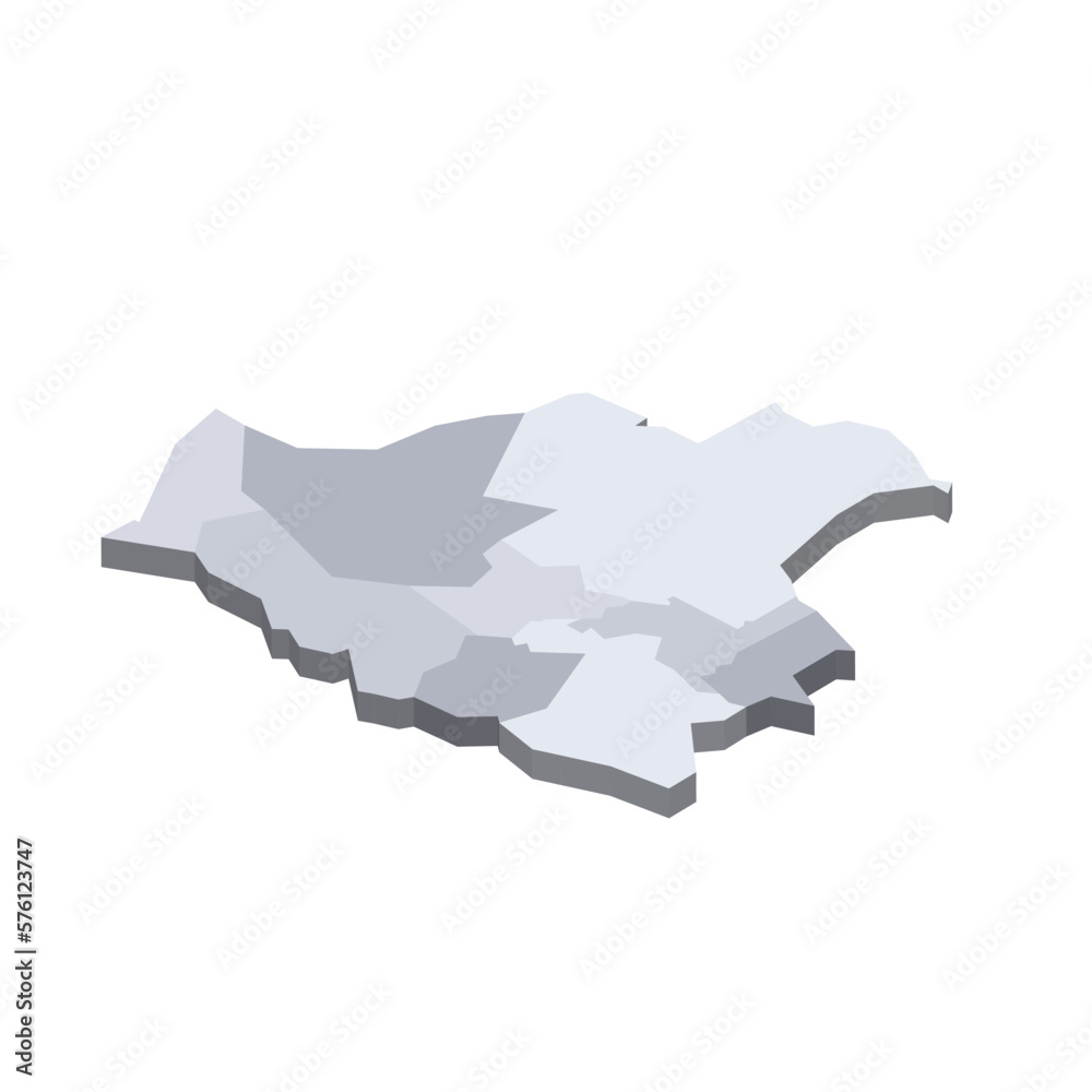 Bolivia political map of administrative divisions - departments. 3D isometric blank vector map in shades of grey. Bolivia political map of administrative divisions - departments. 3D isometric blank vector map in shades of grey.