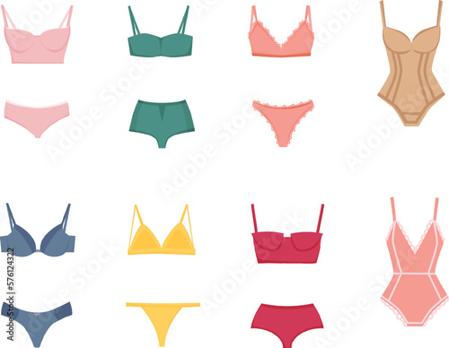 Women's lingerie sets isolated on white background. Collection of undergarments and underwear. Panties, bikinis and bras.