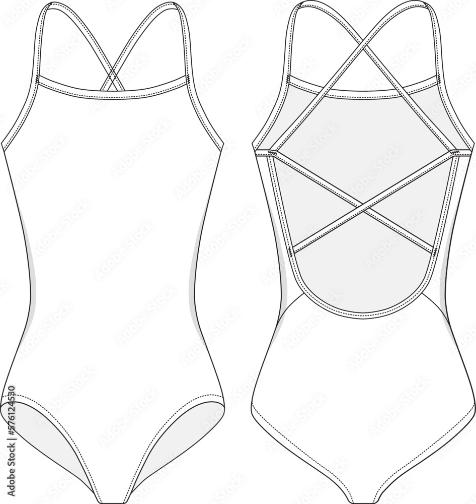 One piece Swimsuit fashion flat sketch template. Women Active wear Crop ...