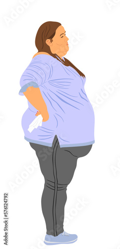 Fat woman vector illustration isolated on white background. Overweight person trouble. Big girl think about food calorie. Lady weight loss trouble. Losing weight health care. Big belly. Strong will.