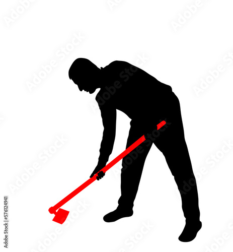 Gardener working soil with hoe in garden vector silhouette  illustration. Gardener man digging earth. Farmer put seed of plant in ground. Digger worker mining with hand tool. Manual farming outdoor.