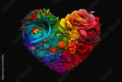 Rainbow color heart made of flowers isolated on dark background. This illustration represents concept of love for LGBTQ, gay, lesbian, pride and bisexsual. Digital colorful art. Digital illustration g