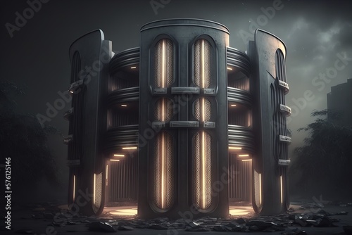 Cylindrical building with glowing doors, futuristic design. AI