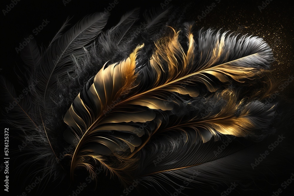 Soft and fluffy background with black and gold feathers as a beautiful ...
