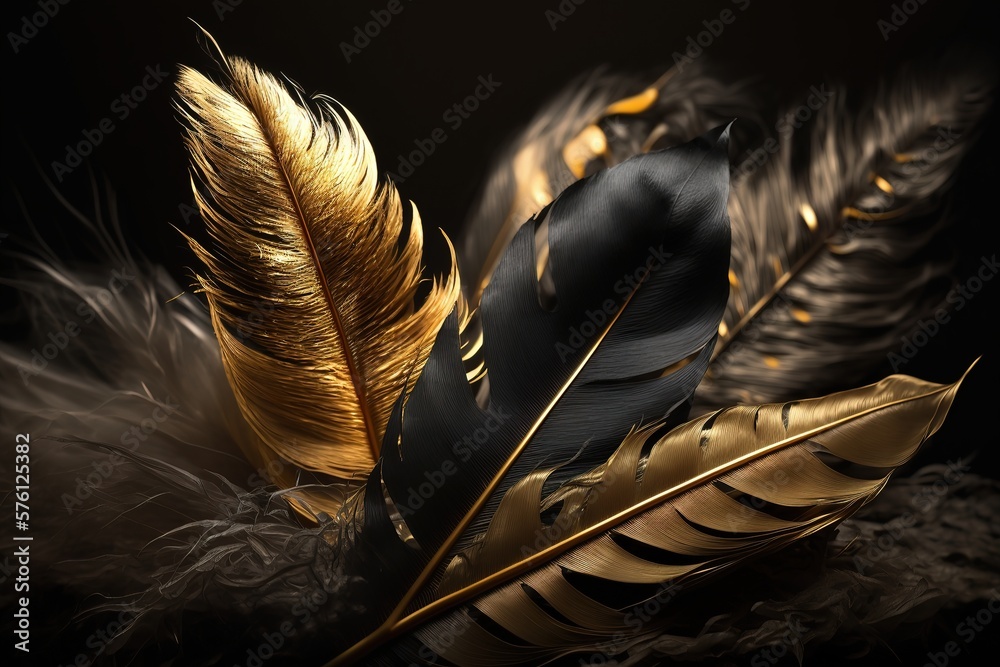 Soft and fluffy background with black and gold feathers as a beautiful ...