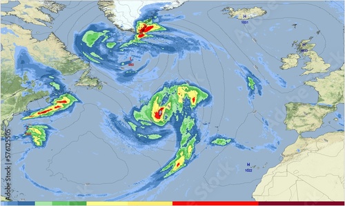 Photos El mapa meteorológico muestra la precipitación y la presión atmosférica en el océano Atlántico