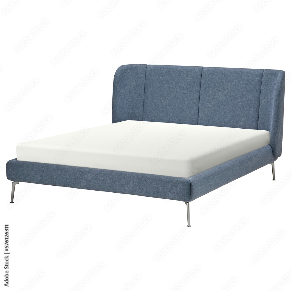 Bed frame with soft textured upholstery in blue color rounded headboard cast metal legs durable stable bedroom furniture house room interior design isolated on white background Bed frame with soft textured upholstery in blue color rounded headboard cast metal legs durable stable bedroom furniture house room interior design isolated on white background
