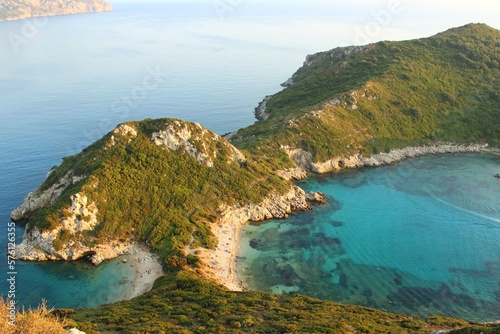 Landscape view of Porto Timoni, Greece. Turquoise sea and beautiful green hills
