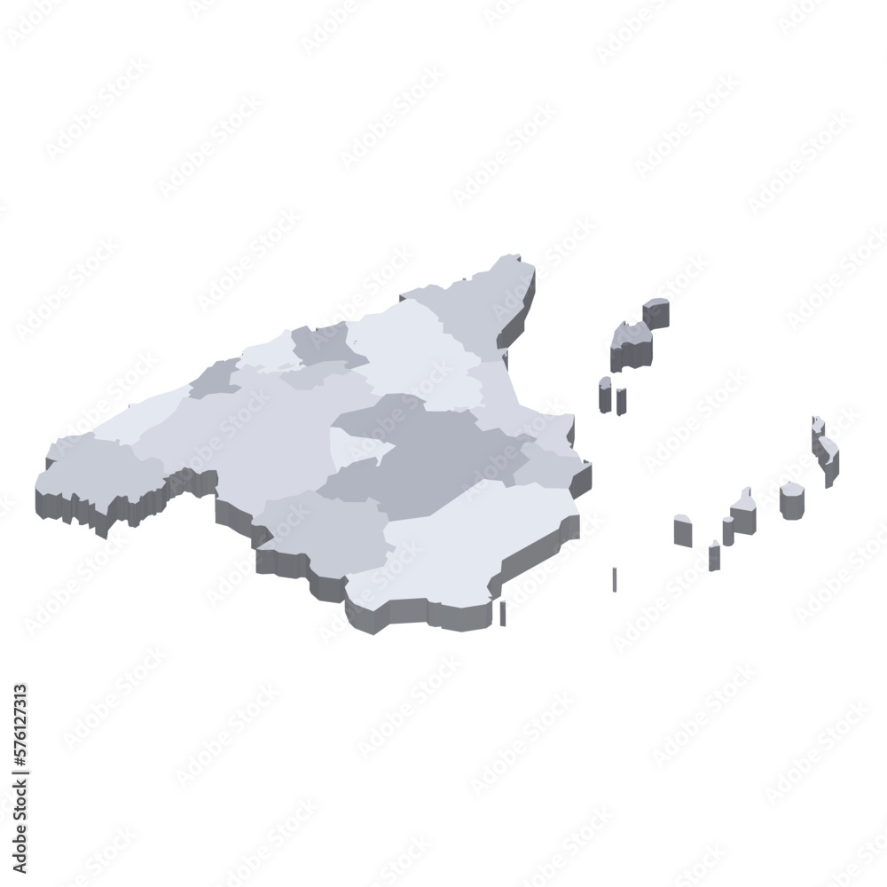 Spain political map of administrative divisions - autonomous communities and autonomous cities of Ceuta and Melilla. 3D isometric blank vector map in shades of grey. Spain political map of administrative divisions - autonomous communities and autonomous cities of Ceuta and Melilla. 3D isometric blank vector map in shades of grey.