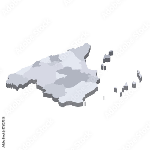 Spain political map of administrative divisions - autonomous communities and autonomous cities of Ceuta and Melilla. 3D isometric blank vector map in shades of grey.