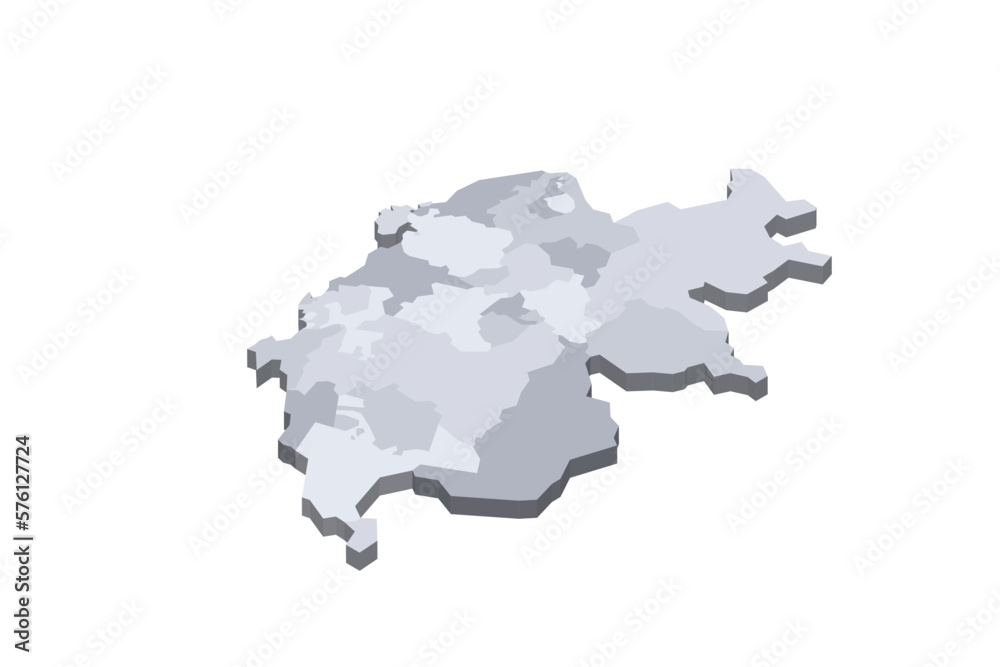 Switzerland political map of administrative divisions - cantons. 3D isometric blank vector map in shades of grey.
