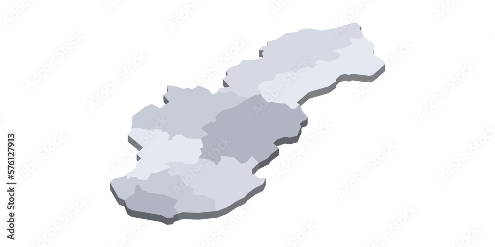 Slovakia political map of administrative divisions - regions. 3D isometric blank vector map in shades of grey.