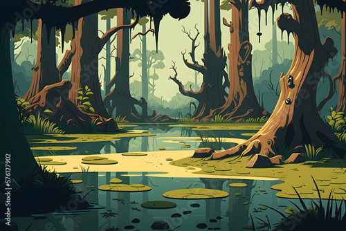 Cartoon swamp background. Made with Generative AI