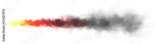 Realistic black smoke with fire, space rocket launch trail. Fire burst, explosion. Missile or bullet trace. Jet aircraft track. Smoke clouds, fog. Steam flow. Vector illustration