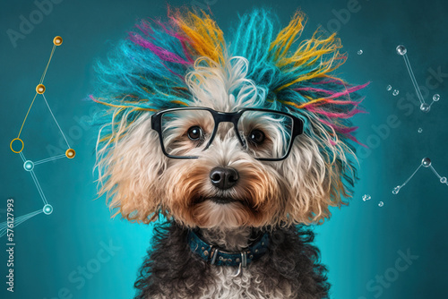 dog as a neuroscientist on colored background, concept of Inquisitive and Thoughtful, created with Generative AI technology photo