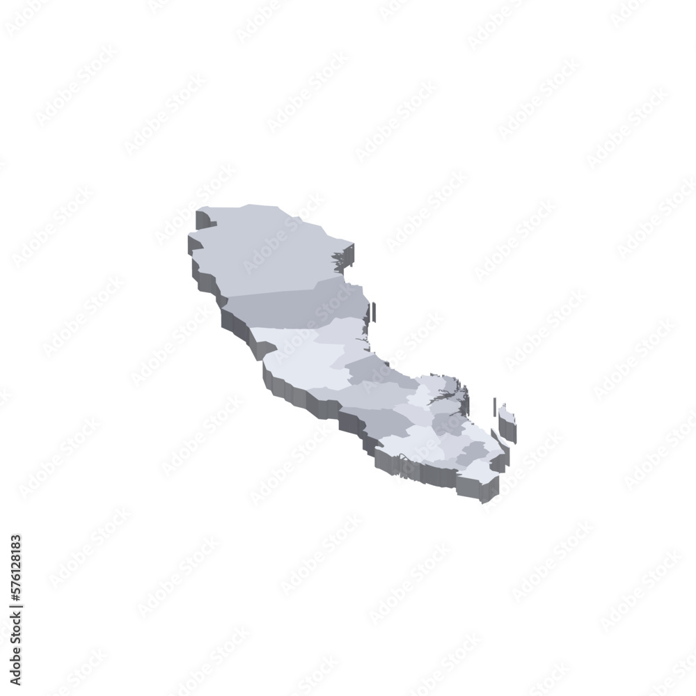 Sweden political map of administrative divisions - counties. 3D isometric blank vector map in shades of grey.