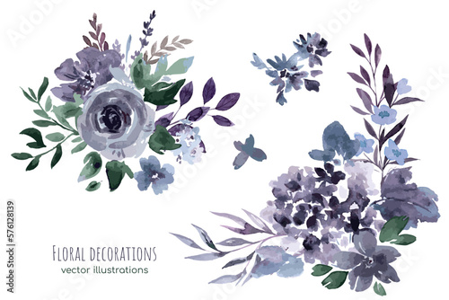 Purple floral watercolor decoration, vector illustration