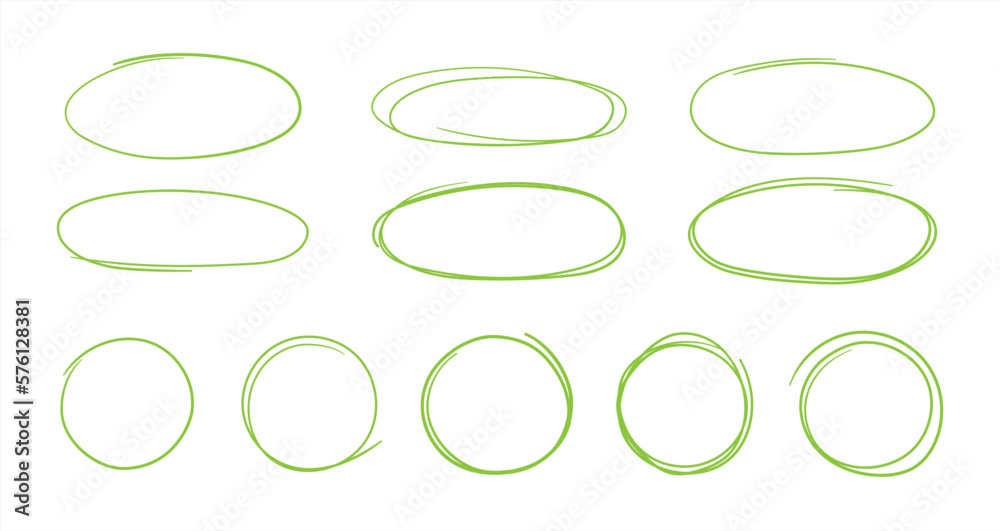 Set of hand drawn red circles and ovals. Highlight circle frames. Ellipses in doodle style. Vector illustration 10 eps.