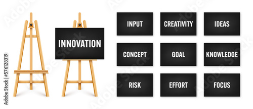 Realistic paint desk with text on black canvas. Wooden easel and a sheet of drawing paper. Presentation board on a tripod. Innovation, creativity and creative ideas. Vector illustration