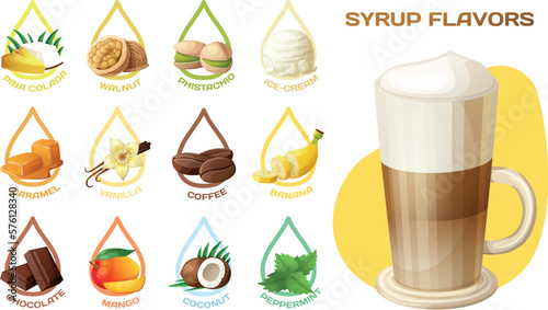 Syrup flavors vector icons set. Glass of hot latte coffee cartoon illustration isolated on white background. Sweet drops of tasty toppings for dessert collection, delicious ingredients pina colada