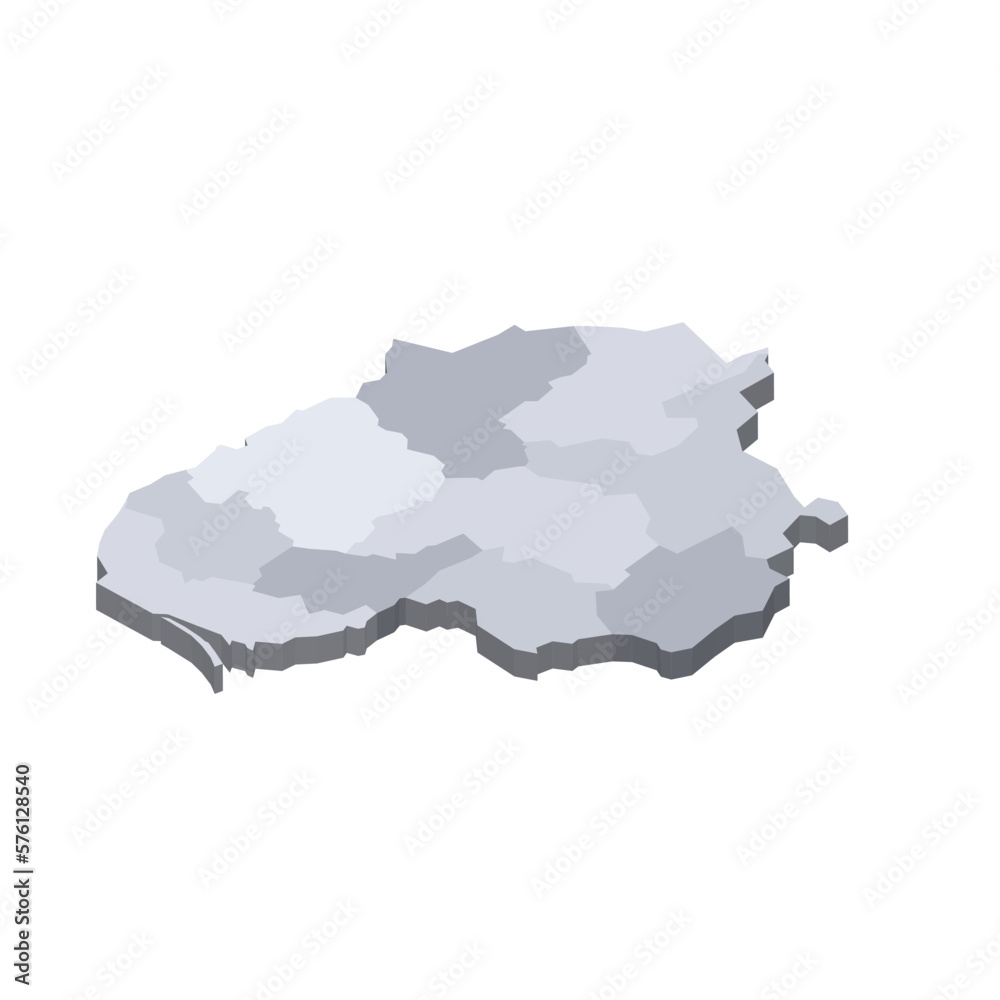 Lithuania political map of administrative divisions - counties. 3D isometric blank vector map in shades of grey.