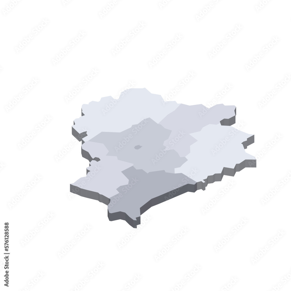 Belarus political map of administrative divisions - regions and one autonomous city. 3D isometric blank vector map in shades of grey.