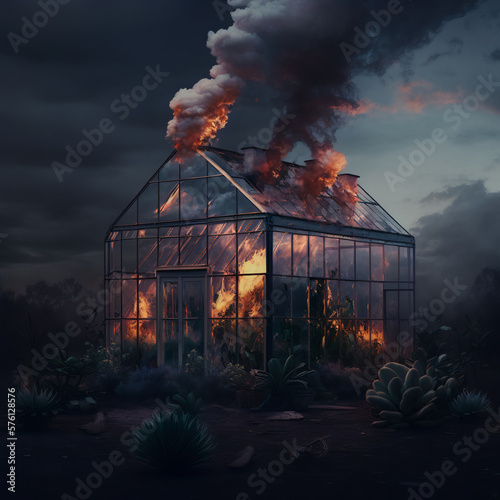 Greenhouse on fire ablaze and smoke