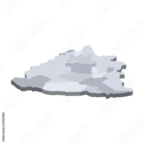 Bosnia and Herzegovina political map of administrative divisions - cantons of Federation of Bosnia and Herzegovina and Republika Srpska. 3D isometric blank vector map in shades of grey.