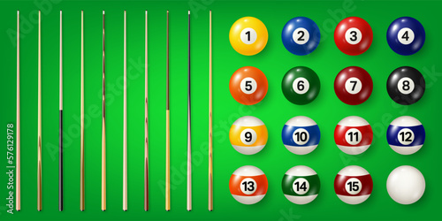 Colorful billiard balls with numbers and various pool cues on green background. Glossy snooker ball. Sports equipment. Vector illustration