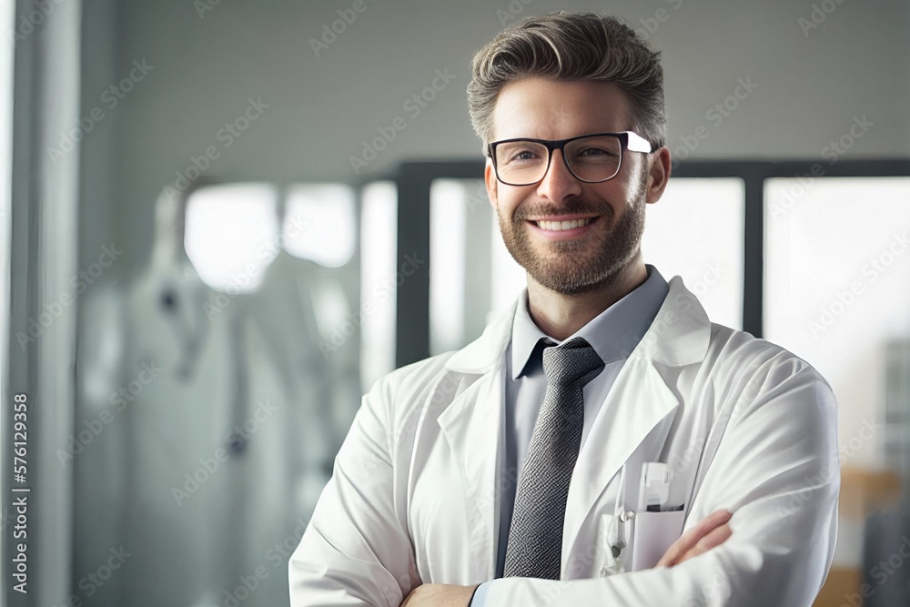 A fictional people. Doctor smiling. Man in a white medical coat standing in modern private clinic looking at camera. Medical healthcare concept.. Generated AI A fictional people. Doctor smiling. Man in a white medical coat standing in modern private clinic looking at camera. Medical healthcare concept.. Generated AI
