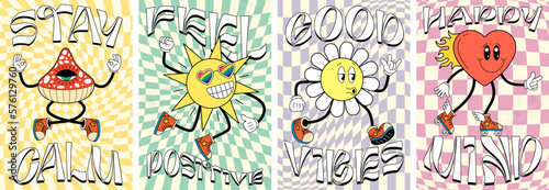 Retro groovy art poster set with characters. Fly agaric mushroom, happy sun, daisy flower and heart mascots on crazy vintage hippie banners. Trendy psychedelic y2k style abstract vector placard design