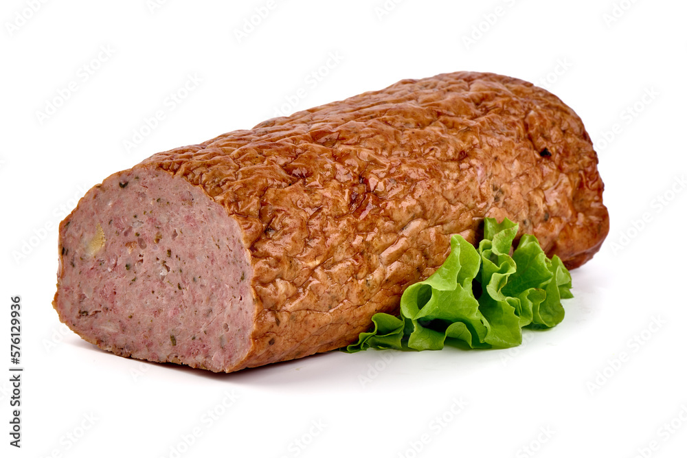 Baked meatloaf, minced meat roll, isolated on white background. Baked meatloaf, minced meat roll, isolated on white background.