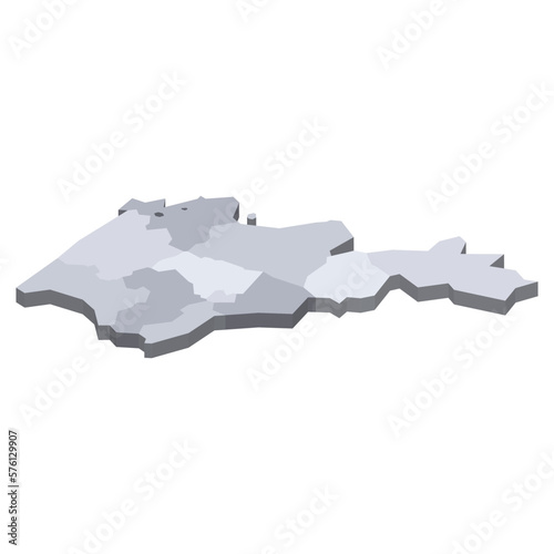 Armenia political map of administrative divisions - provinces and autonomous city of Yerevan. 3D isometric blank vector map in shades of grey.