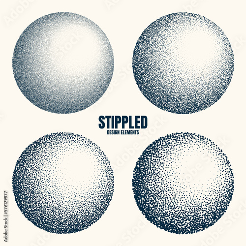 Round shaped dotted objects, vintage stipple elements. Fading gradient. Stippling, dotwork drawing, shading using dots. Halftone disintegration effect. White noise grainy texture. Vector illustration
