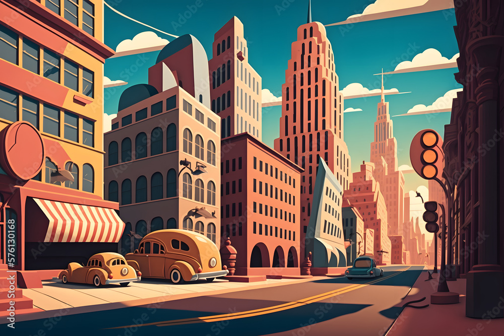 Cartoon city background, town. Made with Generative AI